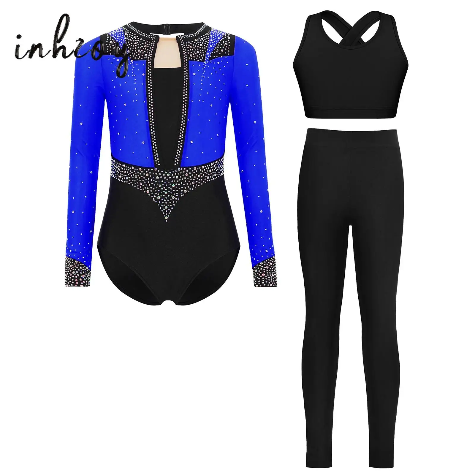 Bambini Ragazze Ginnastica Pattinaggio di Figura Vestito Manica Lunga Buco della Serratura Indietro Color Block Patchwork Body + Vest Top + Leggings Dancewear