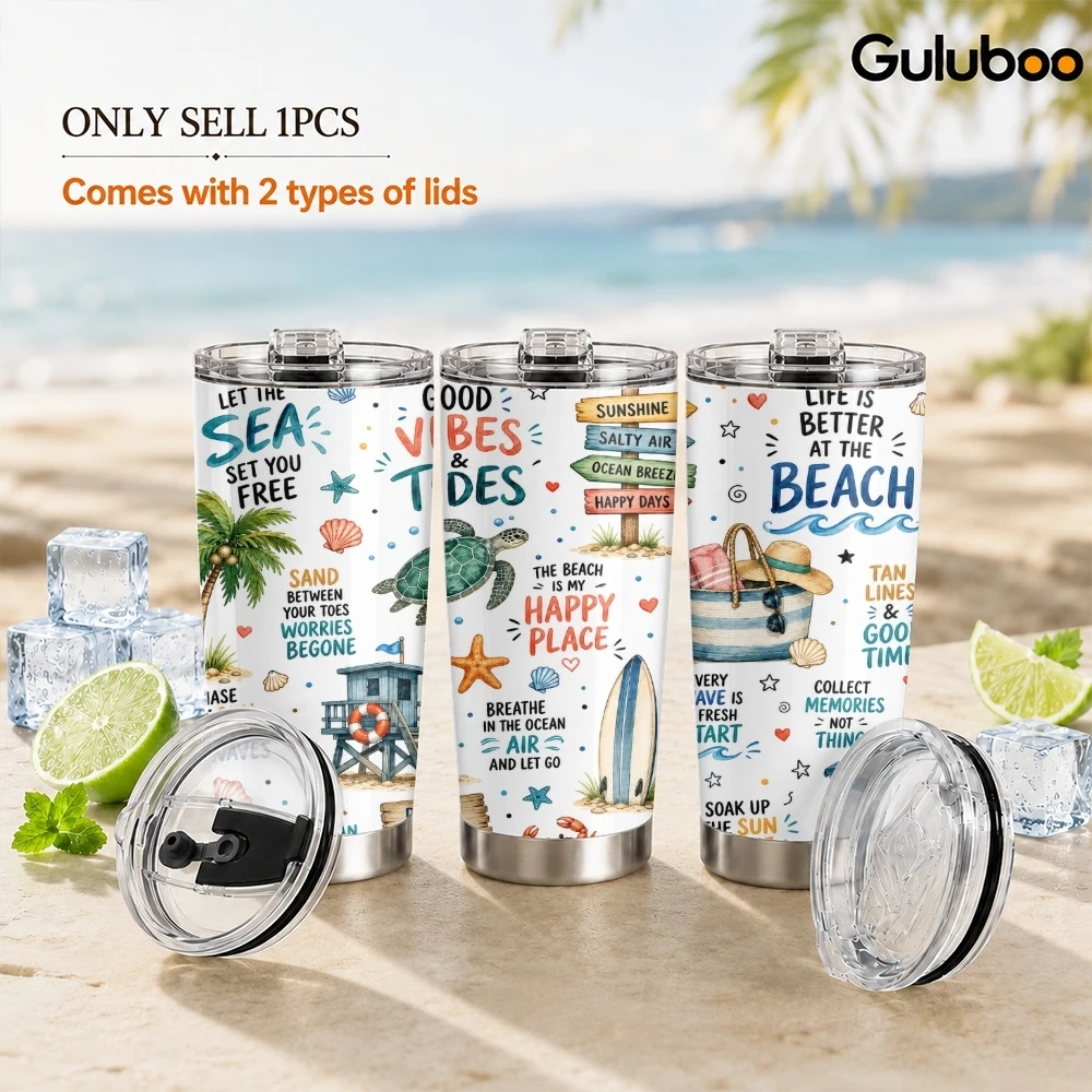 Beach Design Vacuum Flasks 20oz Insulated Tumbler Stainless Steel Coffee Cup Leakproof Sliding Lid for Work Travel
