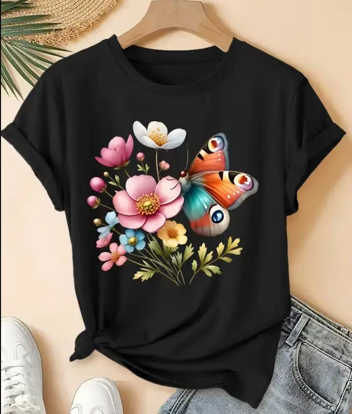 Women Colorful Butterfly Floral Graphic T Shirt Boho Cottagecore Short Sleeve Round Neck Loose Tee 2026 Summer Casual Elegant Daily Party Top