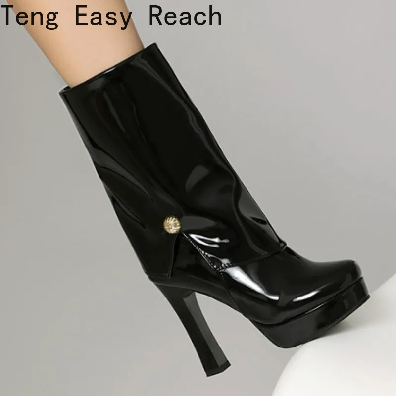 

Women's Autumn New Pointed Double-layer Waterproof Platform Special-shaped Thick Heel Patent Leather Side Zipper Short Boots