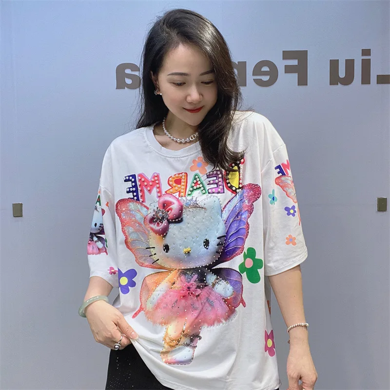 Casual Cartoon Kawaii Printed T-shirts for Women Summer Clothes Fashion Beading O-Neck Short Sleeve Tops Ladies T Shirt Femme