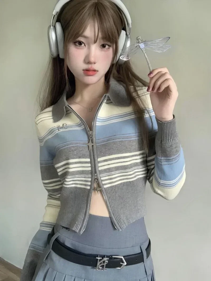 Female Vintage Striped Crop Knit Cardigan Women Zipper Knitwear New Outerwear Y2K Tops Korean Reviews Many Clothes Popular 크롭니트