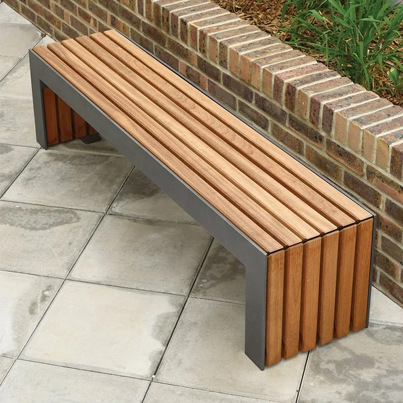 Backless Solid Wood Eco-Friendly Durable Bench Urban Street Furniture Outdoor Benches for Park Plaza Rectangle Metal Chair