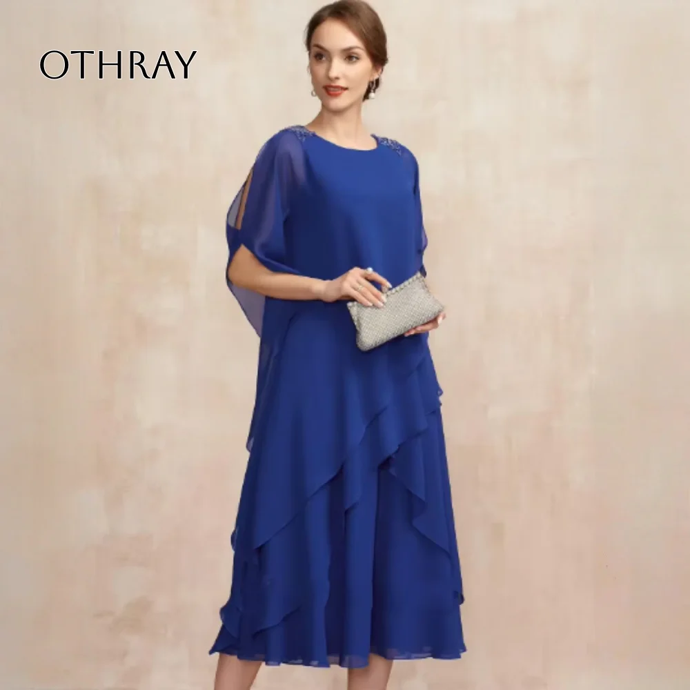 Mother of the Bride Dresses Designer Plus Size Evening Women Prom Gown Royal Blue Elegant Party Dress Tea-Length Chiffon Beading