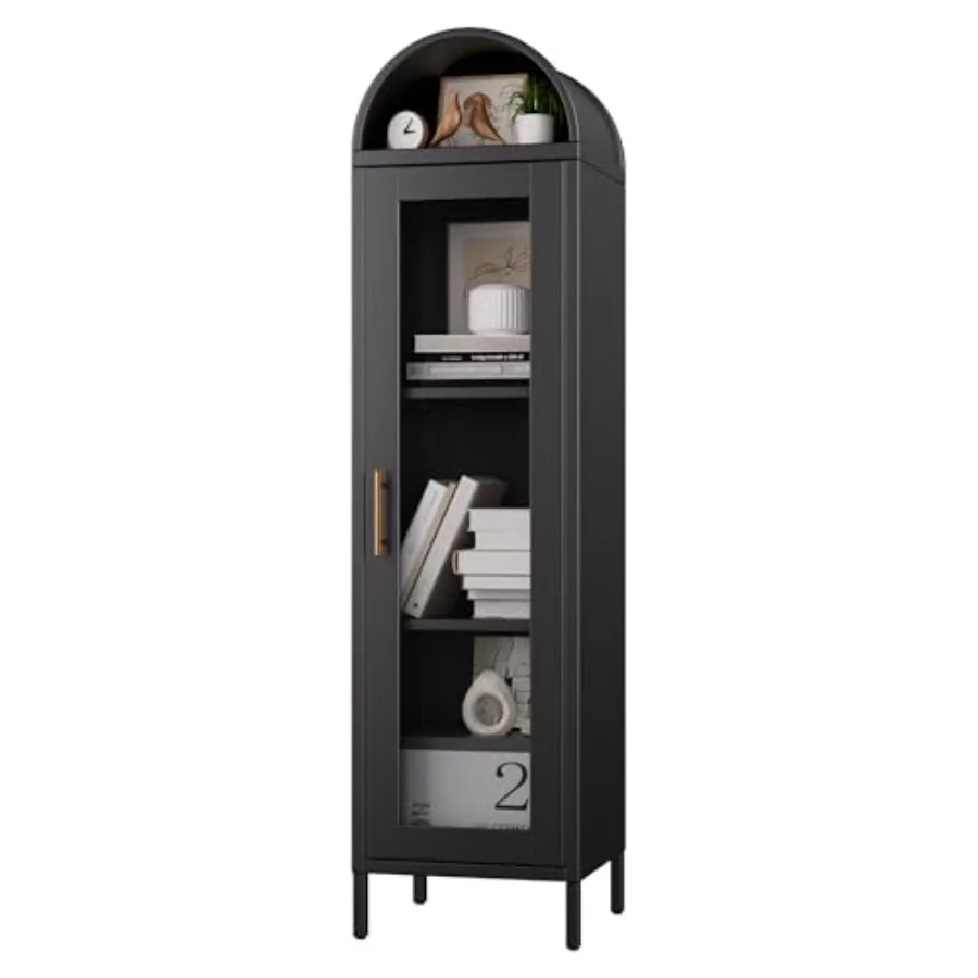 Narrow Metal Arched Display Cabinet with Glass Door for Living Room, Black, 63 Inch, Sleek Modern Design and Space-Saving Struc