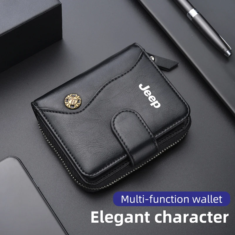 Car Logo Men Wallet Short Leather Card Holder Zipper Bag For Jeep Renegade Cherokee Compass Wrangler Liberty Trailhawk Rubicon