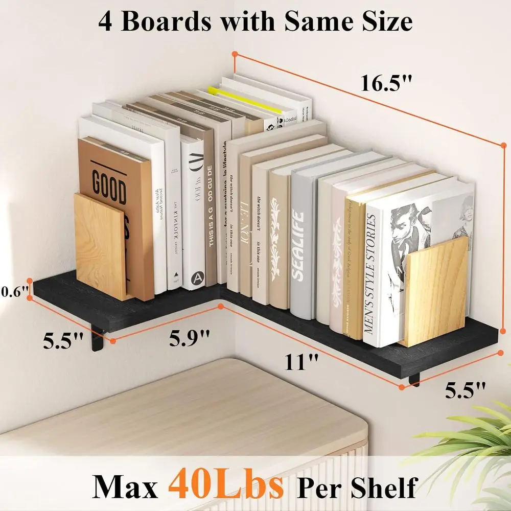 Rustic Wall-Mounted Corner Shelves, Set of 4, Black, for Home Storage and Display
