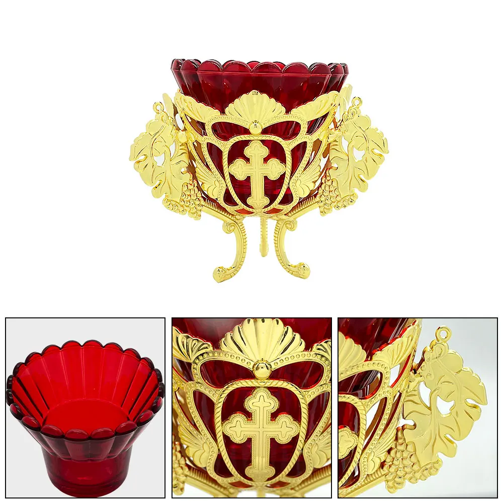 مصباح Vigil المعلق الأرثوذكسي | سبيكة مطلية بالذهب مع وعاء زجاجي أحمر بتصميم متقاطع وعنب لمذبح المنزل في الكنيسة #4
