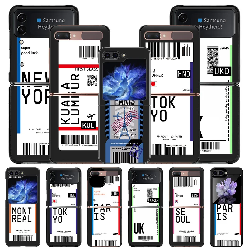 Hard Phone Cases For Samsung Z Flip 6 5 4 3 Galaxy Flip6 Flip5 Flip4 TOKYO PARIS MONTREAL Travel Ticket Label Black Matte Cover