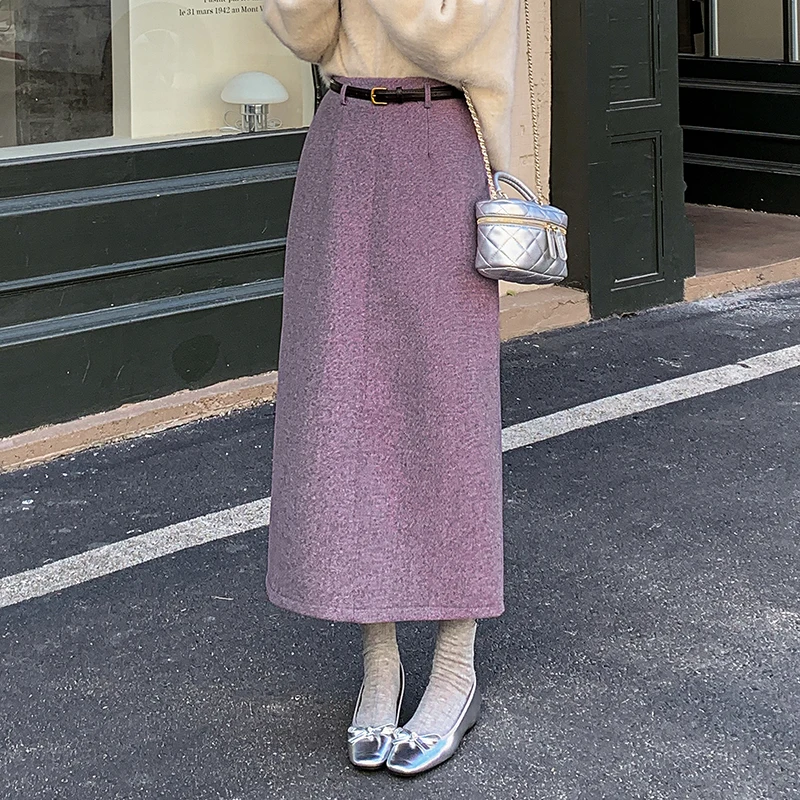 2025 겨울 롱 스커트 여성 빈티지 스트레이트 따뜻한 울 맥시 스커트 여성 벨트 하이 웨이스트 스플릿 오피스 스커트 블랙 그레이 퍼플