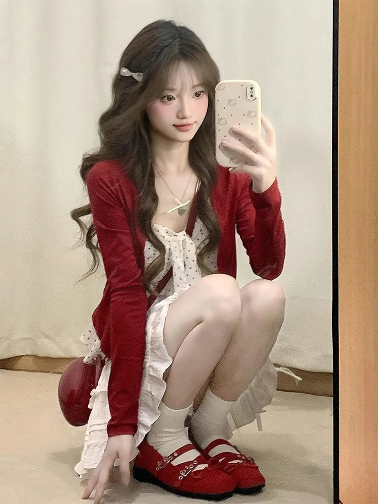 Red Polka Dot Bubbles Cardigan Sweater Women's Sweet Style Three-Piece Set with White Short Skirt And Strap Vest for Slimming...