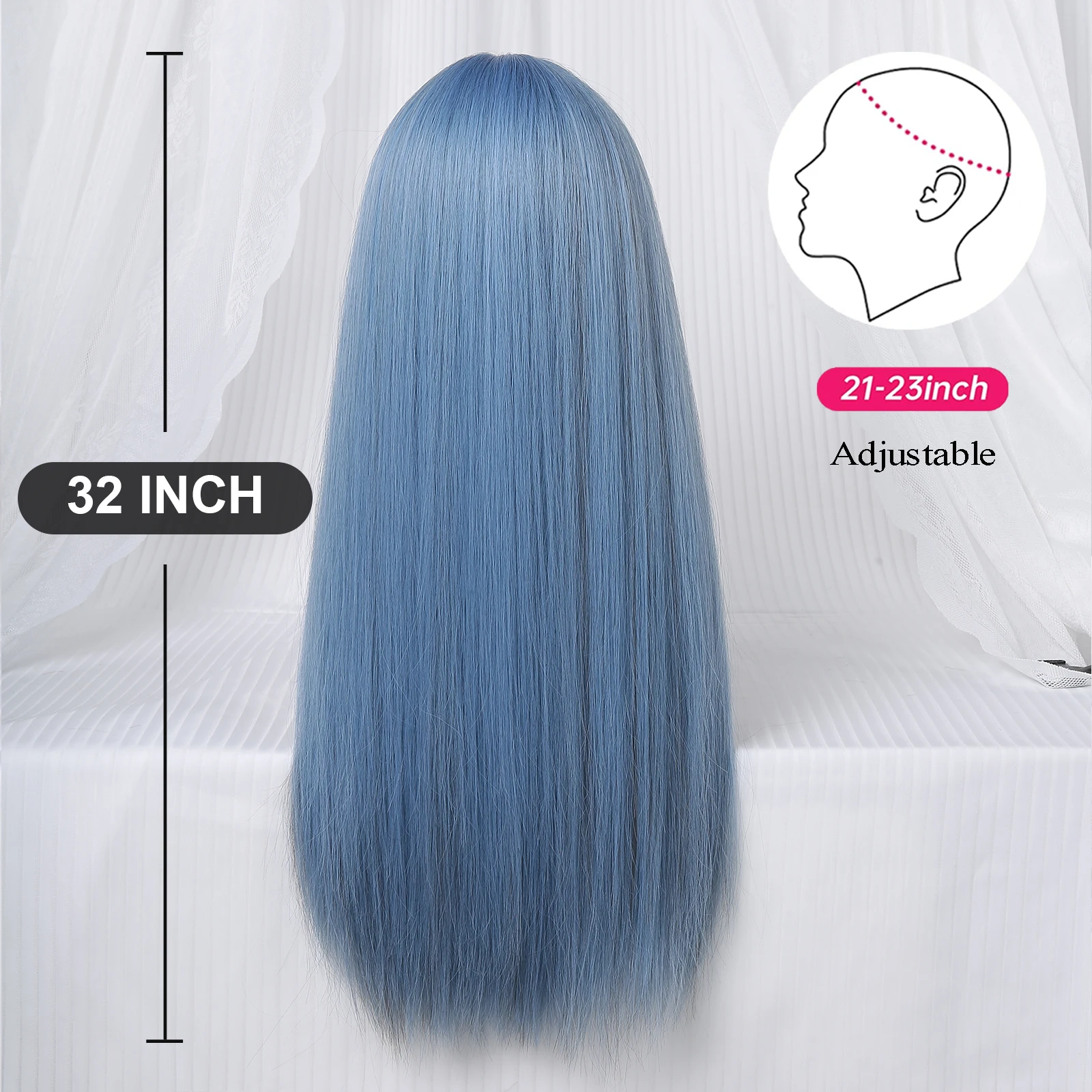 Long Straight Synthetic Wigs Light Blue with Ash Highlight Cosplay Wig with Bangs for Women Natural Hair Heat Resistant Fiber