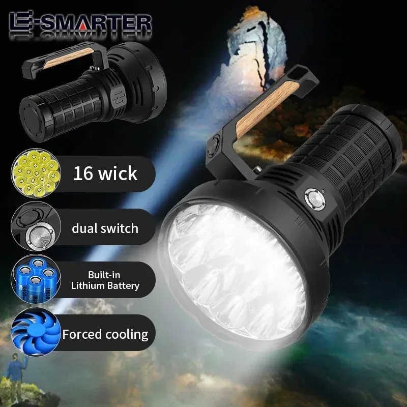 16xP50 Wick Ultra Strong Light Handheld Light Flashlight - Intelligent Fan Forced Heat Dissipation-4x18650 Power Supply