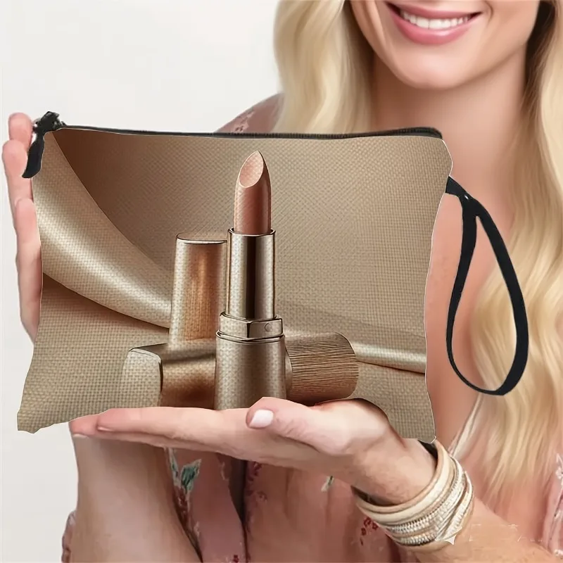 A Luxurious Champagne Golden Nude Lipstick Patterned Makeup Bag, a Portable High-End Toiletry Storage Pouch with a Wrist Strap i
