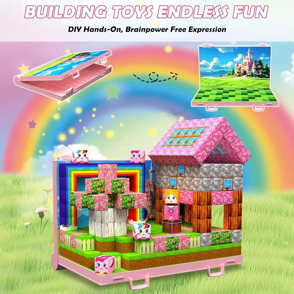 3D Magnetic Building Set with Princess Tiles, Foldable Board, STEM Toy for Ages 3-10