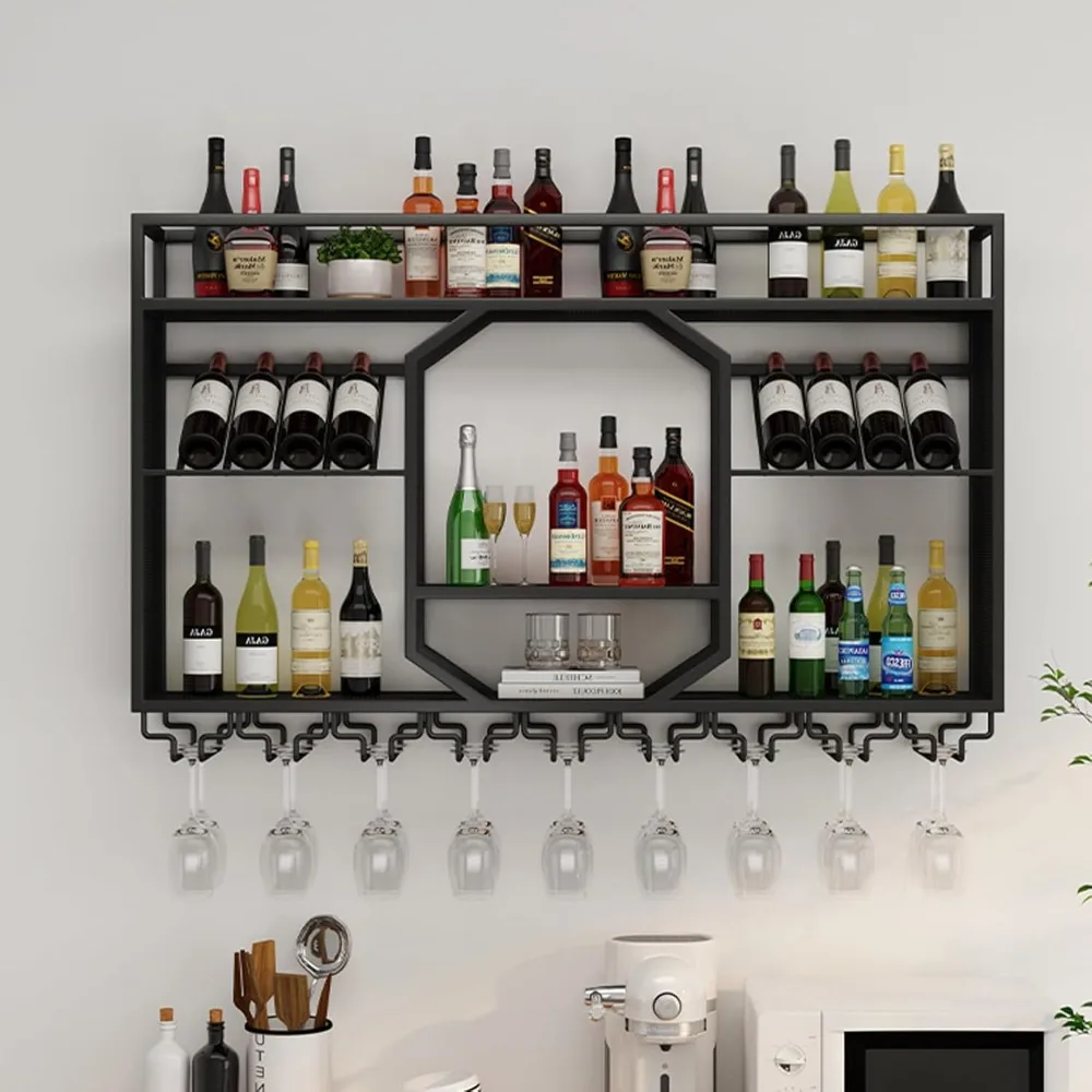 

47in wall mounted wine rack with glass holder, metal wine storage rack, floating bar liquor bottle display storage shelf, for ki