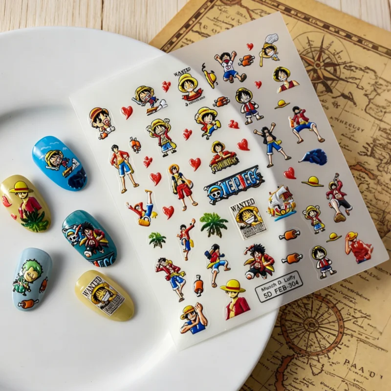 One Piece Nail Stickers 5D Embossed Self-Adhesive Nail Decals Luffy, Chopper & All Characters Anime Stickers for DIY Manicure