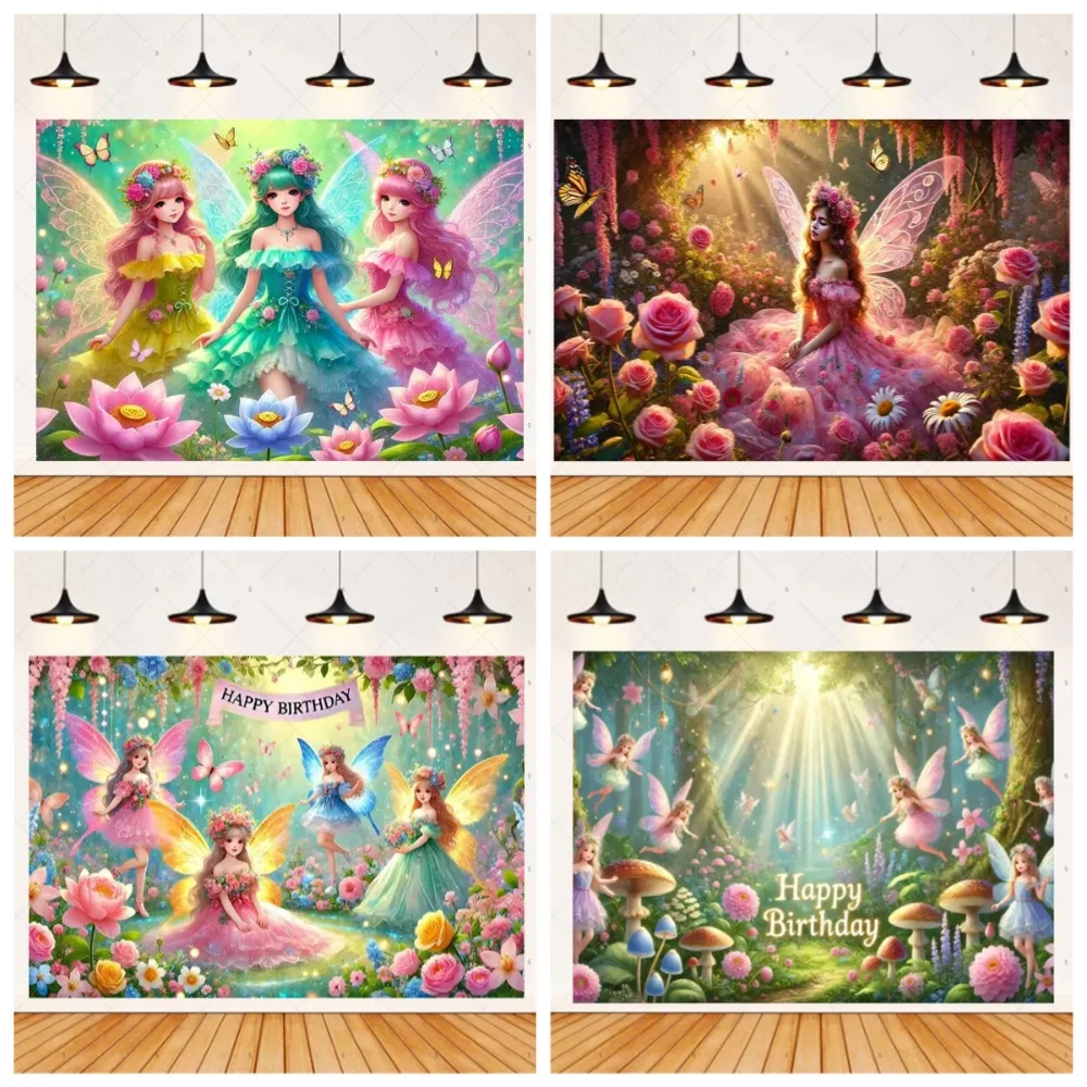 

Magical Forest Fairy Party Banner Photography Background, Children Birthday Gift Party Decoration Photography Studio Background