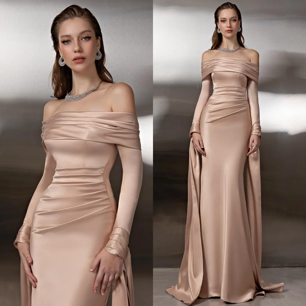 

Customized Soft Satin Evening Dresses Luxury Off the Shoulder Long Sleeves Homecoming Dresses Modern Special Occasion Gowns