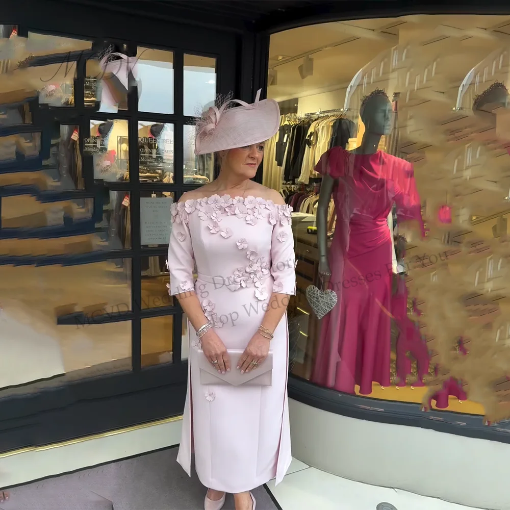 Elegant Pink Wedding Guest Dresses Pink 3D Flowers Column Mother of the Bride Dress Midi Off the Shoulder Party Gowns 2026