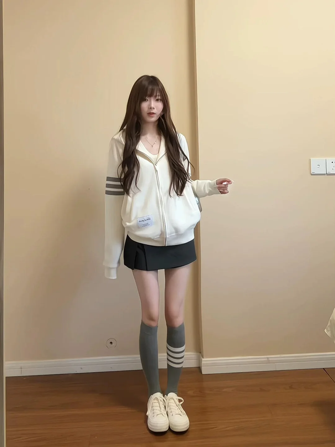 Loose Women's Hoodie Cardigan Korean College Style Three Bars Waffle Pattern Autumn Trendy Comfortable Long Sleeve Zipper
