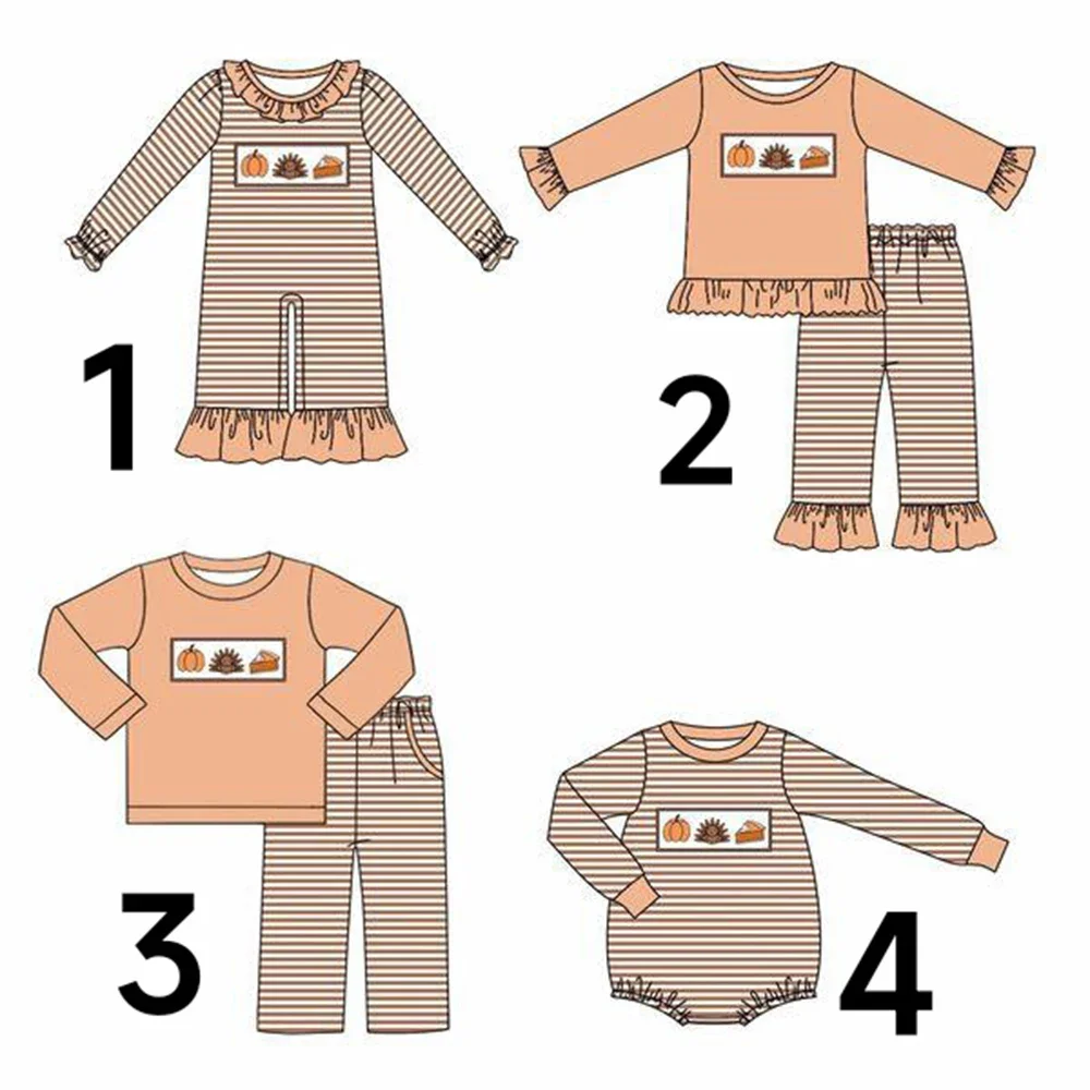 

Thanksgiving New Toddler Festival Matching Suit Pumpkin Turkey Print Striped Pants Clothing Customized Milk Silk Wholesale