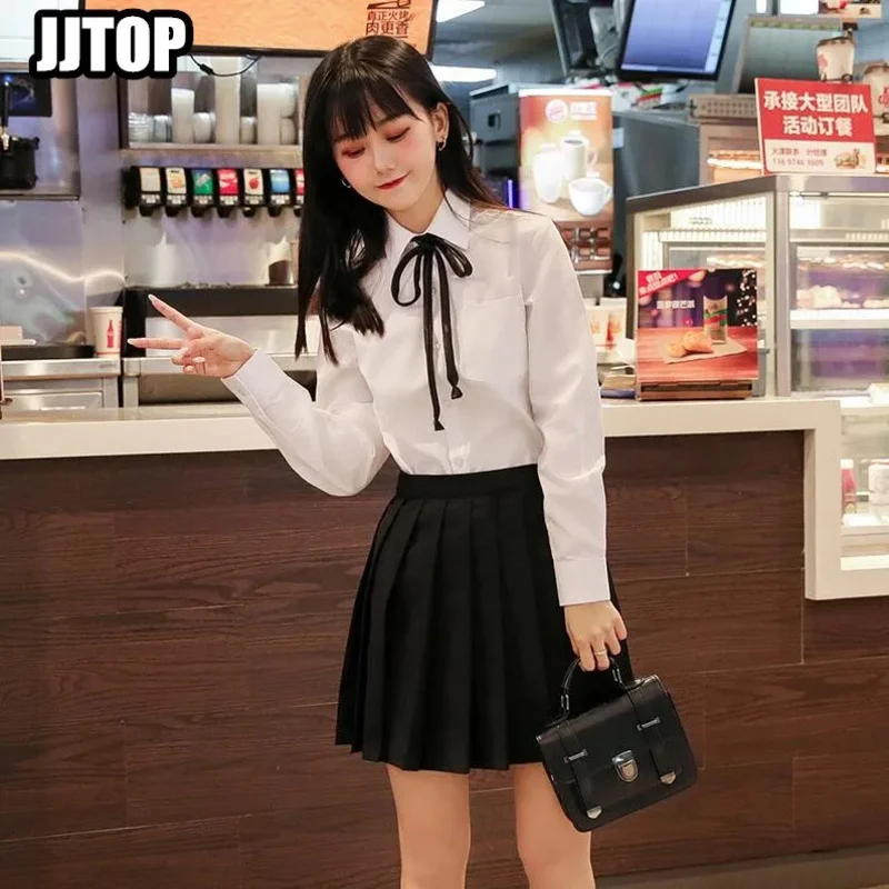 Japanese school uniform JK short-sleeve LOOSE  shirt  Japan orthodoxy shirt cute POINT SHARP  collar pleated skirt SET