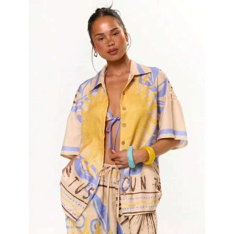 

Summer Short Sleeve Button up Shirt Sun Print Open Front PU Fabric CleanFit Collar Women's Inner Wear Casual Fashion
