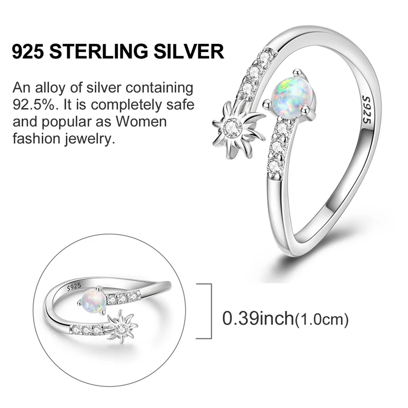 Women's 925 Sterling Silver Sun Opal Open Ring, Birthday Gift