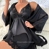 V-Neck Nighty&robe Set Sexy Lace Edge Kimono Bathrobe Nightgown Women Casual Homewear Sexy Lingerie Sling Sleepwear Loungewear