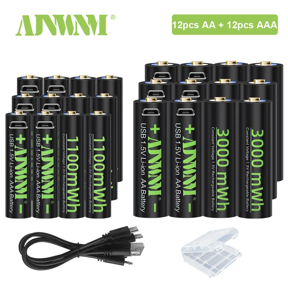 

AJNWNM 1.5V Li-ion AAA USB Rechargeable Batteries 1100mWh + AA 1.5V USB AA Rechargeable Battery 3000mWh with USB Cable