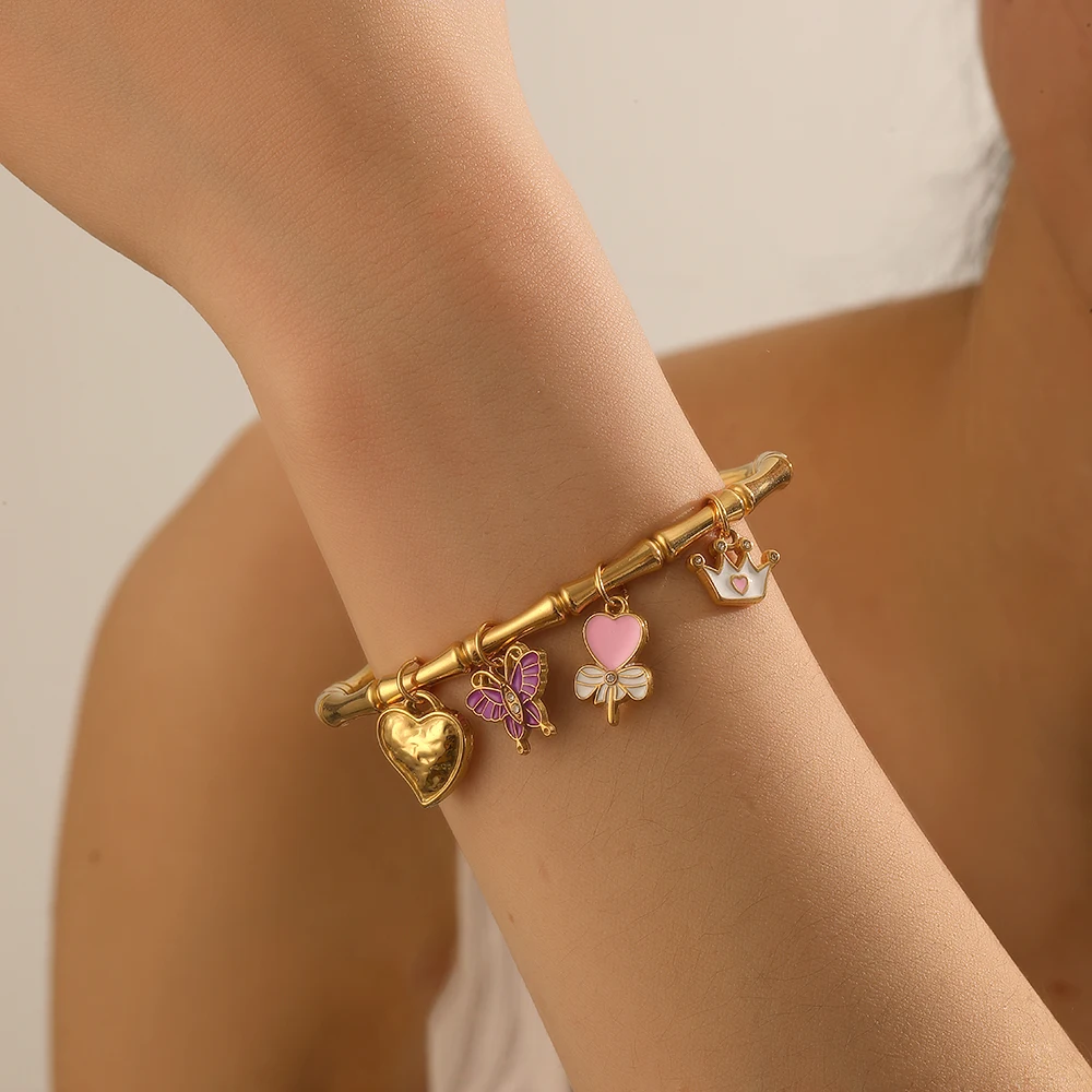 DIEYURO 316L Acero inoxidable Concha de delfín colgante de concha brazalete de bambú para mujer cadena de muñeca clásica regalo de joyería impermeable