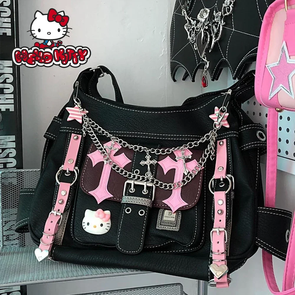 

Kawaii Gothic Punk Vintage Pink Cross Chains Crossbody Bags for Women Toys HelloKittys Hot Girl Handbag Y2k Trend Tote Bag Gift