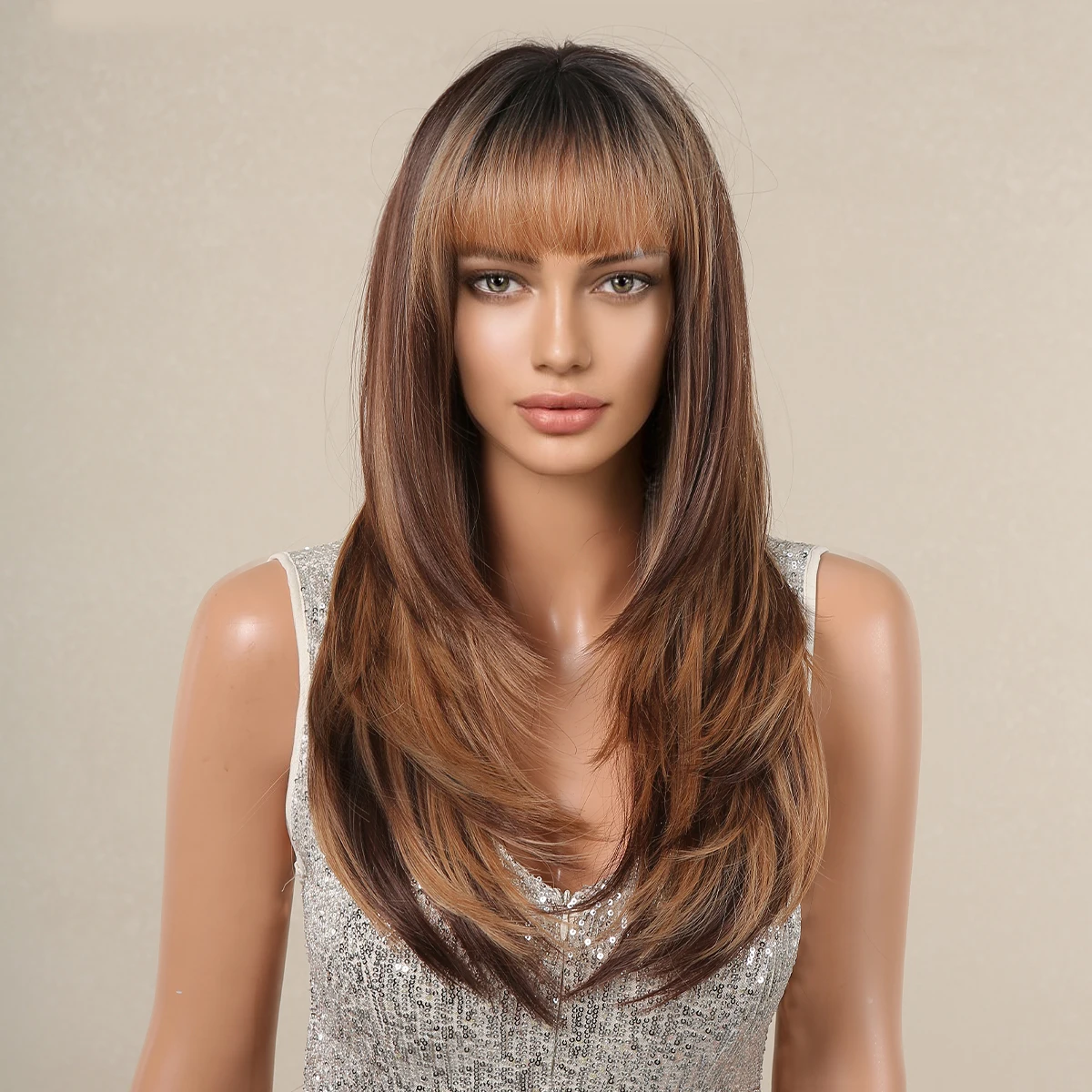 Medium Length Brown Synthetic Wigs Blonde Highlight Silky Straight Layered Wig Daily Hair for Women Heat Resistant Cosplay Wig
