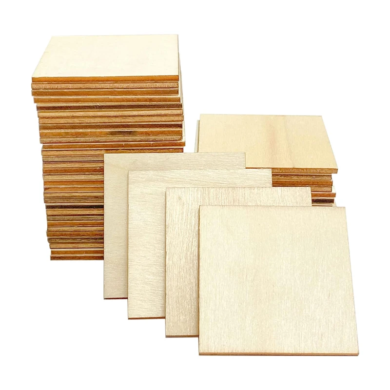 50pcs 6cm Unfinished Wooden Square Blank Natural Slices Wooden Cutout Tiles for DIY Crafts Home Decoration Painting Staining