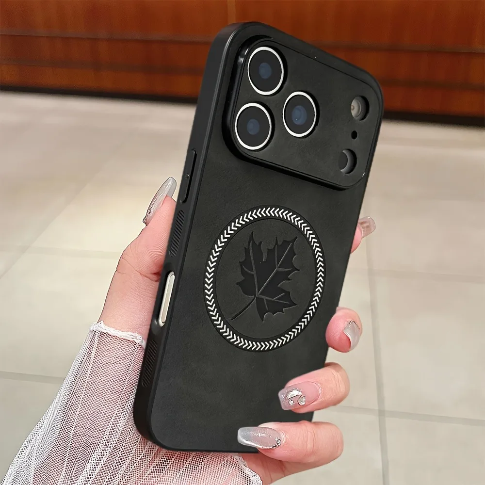 Magnetic Leather Maple Leaf Phone Case For iPhone 17 12 15 13 14 16 Pro Max Plus 17Pro 17 Air For Magsafe Wireless Charge Cover