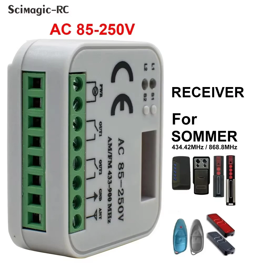 

SOMMER 434.42MHz 868.35MHz 2 Channel Garage Gate Receiver Momentary Relay Module Controller 2CH 9-250V 300-900MHz