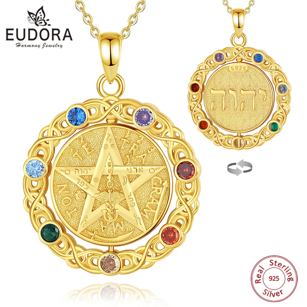 

Eudora 925 Sterling Silver Pentagram Necklace for Women Man 18K Gold 7 Color Chakra Star Tetragrammaton Pendant witchcraft Gift