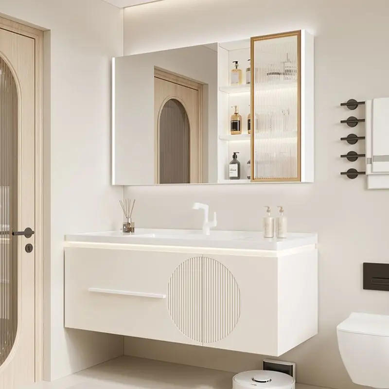 Cream bathroom cabinet solid wood modern simple household bathroom washbasin wash basin combination integrated ceramic wash