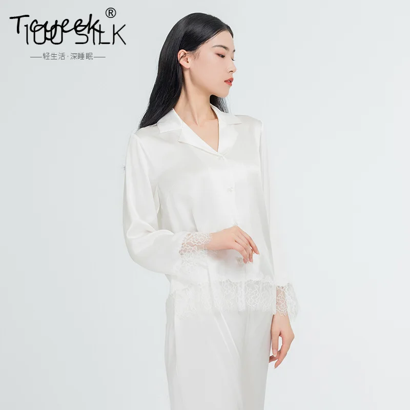 

Tcyeek, 22MM 100%Real Silk Pajamas Sets, Women Lace Fashion Elegant, Satin 2024 Summer Fall New Sleepwear Pyjamas S479116QM