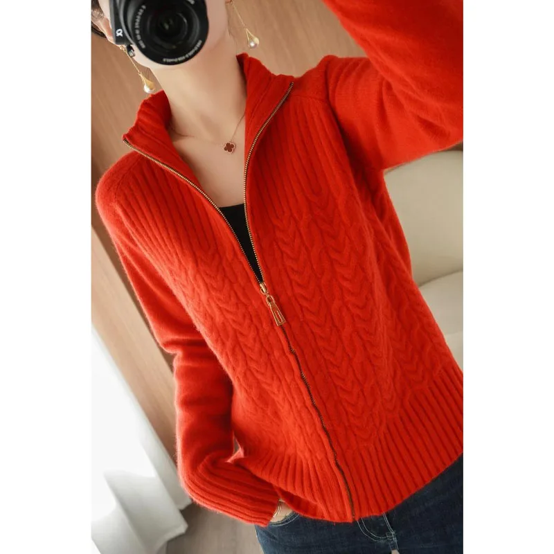 Autumn Winter Women\'s Solid Color Warm Zipper Knitted Cardigan New Casual Fashion Long Sleeve Turtleneck Slim Sweaters Female