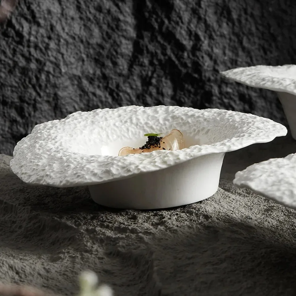 Imitation Rock Grain Ceramic Straw Hat Bowl Pasta Plate White Ceramic Salad Plate Home Deep Soup Plate High-grade Dinner Dishes