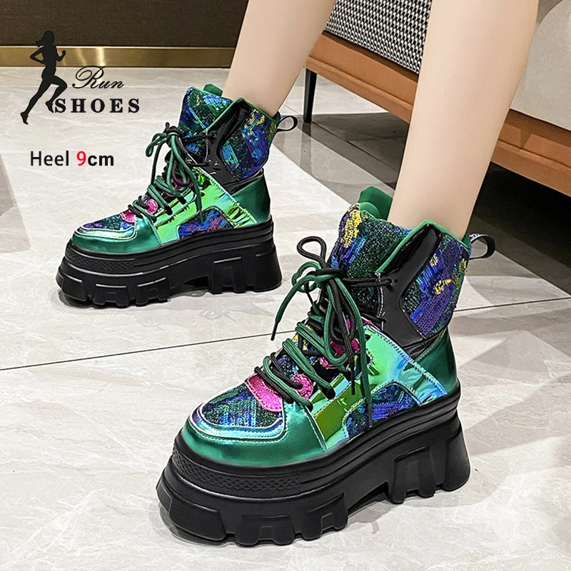 

Glitter Women Casual Short Boots Colorful Sequins Autumn Thick Bottom Wedges Shoes Booties Woman Lace-up Height Increase Boots