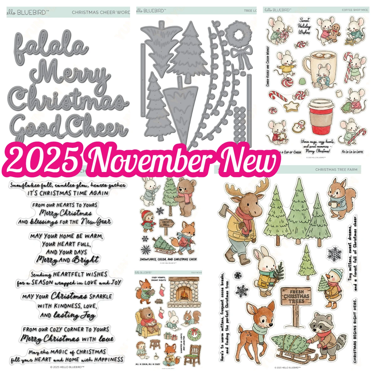 

2025 Hello Bluebird Christmas Tree Postage Die Santa Metal Dies and Stamps DIY Scrapbook Card Holiday Cozy Night Cheer Words Die