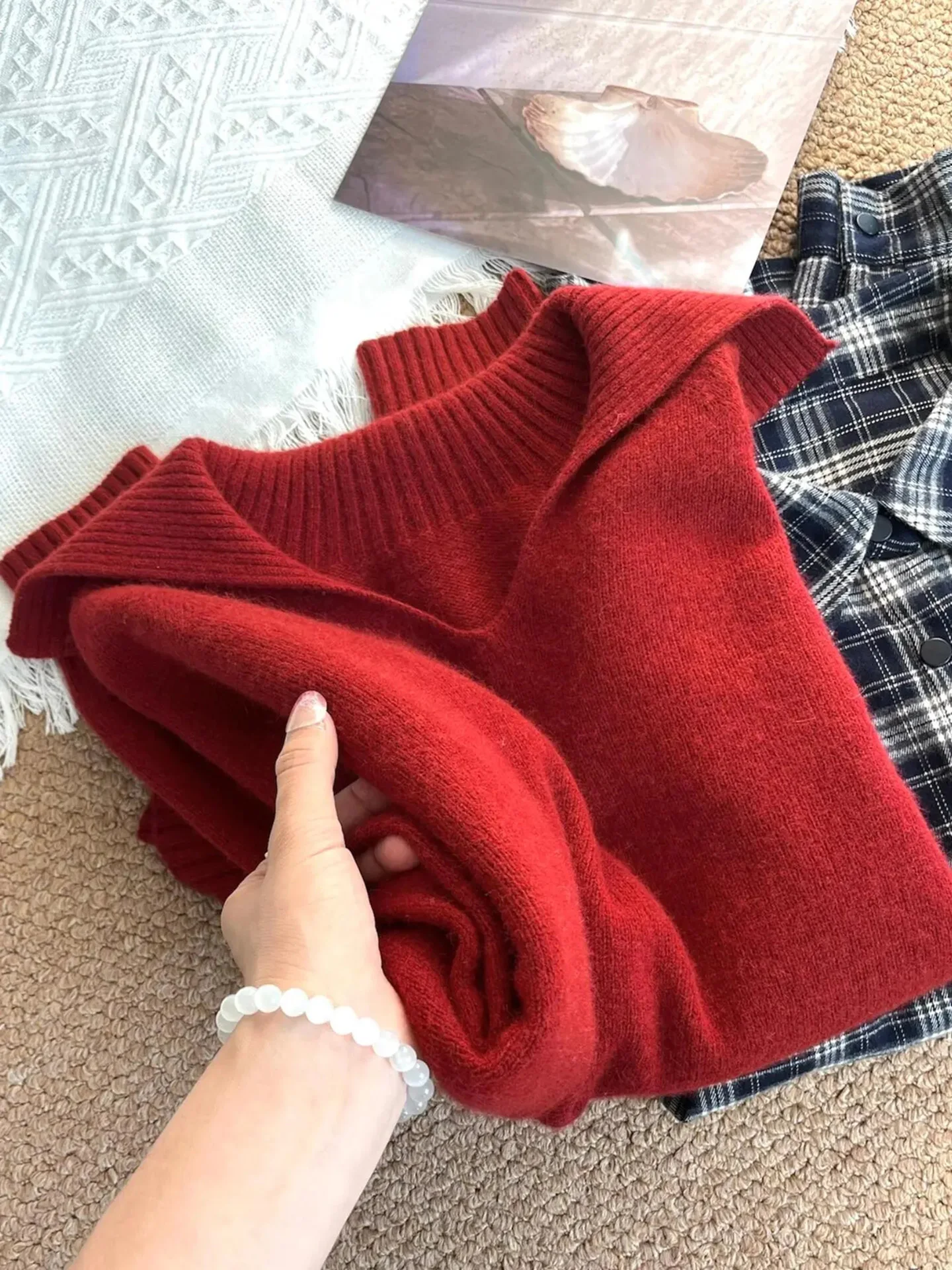 

Red Knitted Sweater Women's Casual Faionable Base Layer irt Spring New Sle Commuter Versatile Soft Personali Korean V...