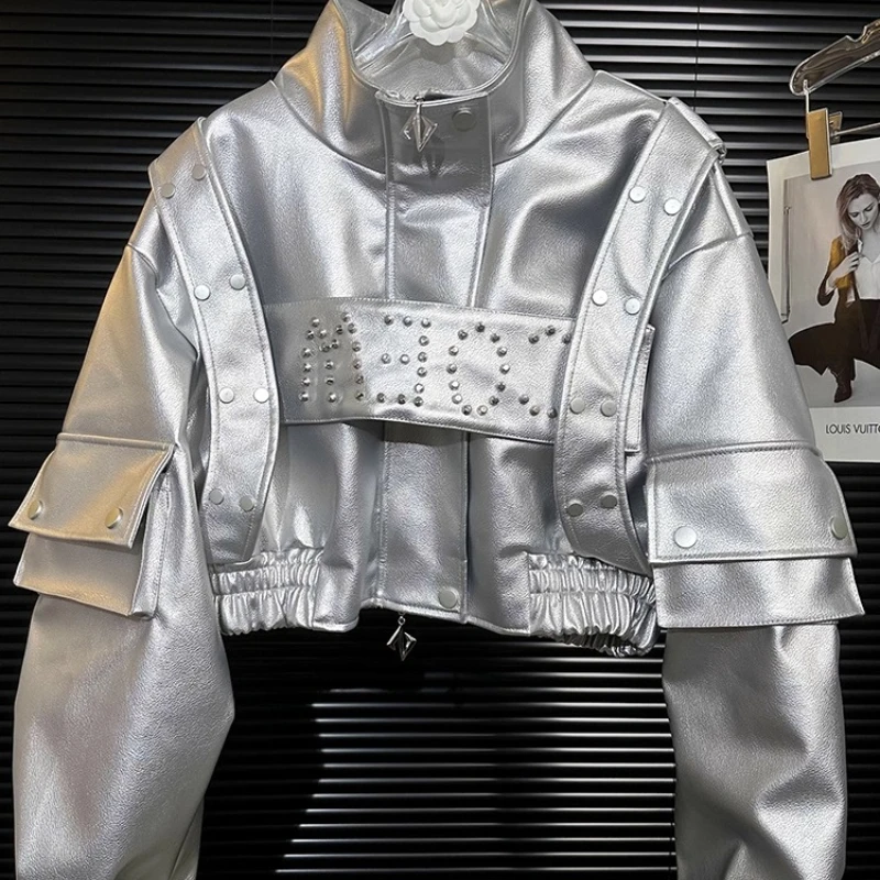 European Heavy Industry Sweet Cool Metal Rivet Large Pocket Pleated Women's Jacket Original Design Workwear PU Leather Coat Girl