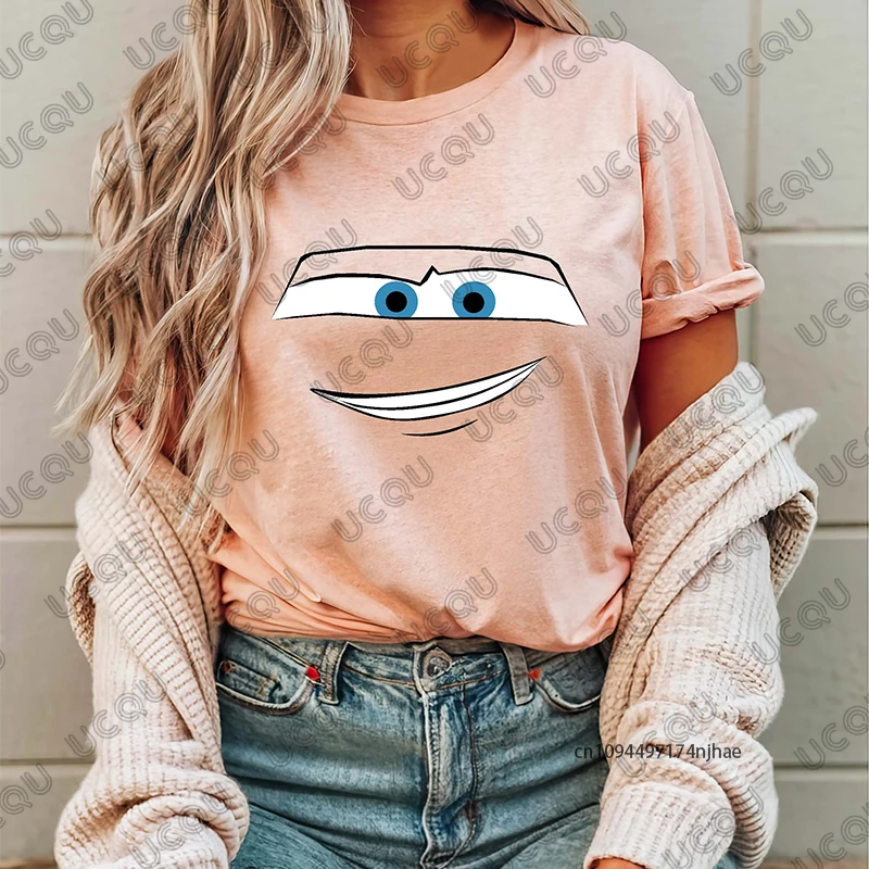 2026 سيارات البرق ماكوين طباعة المرأة القطن تي شيرت الصيف قصيرة الأكمام س الرقبة تيز عادية خمر المتضخم الأزواج القمم