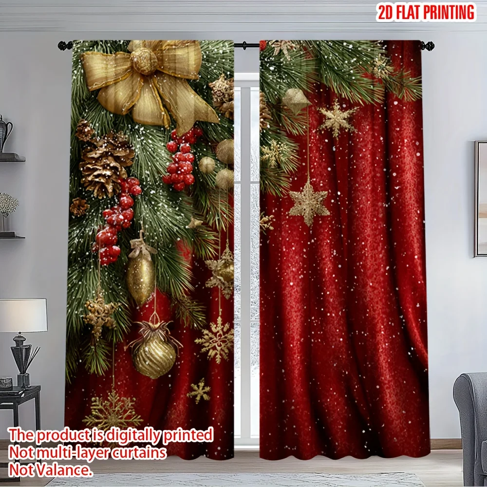2pcs Christmas Pine Berries Print Curtains, Light Filtering Machine Washable for Living Room Bedroom Festival Decor