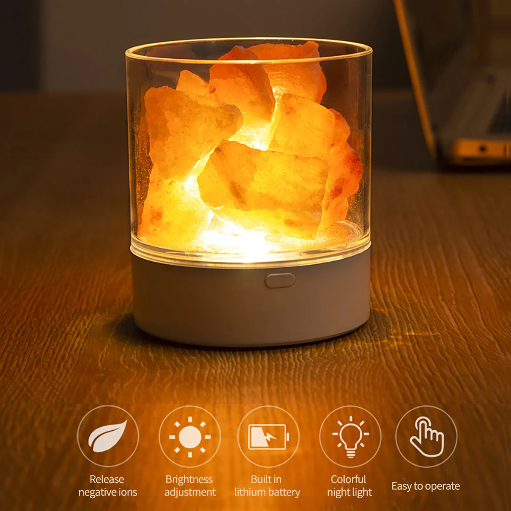 USB Natural Himalayan Salt Lamp Led Crystal Night Light Air Purifier Atmosphere Flame Lamp Indoor Warm Light Bedroom Lava Lamp