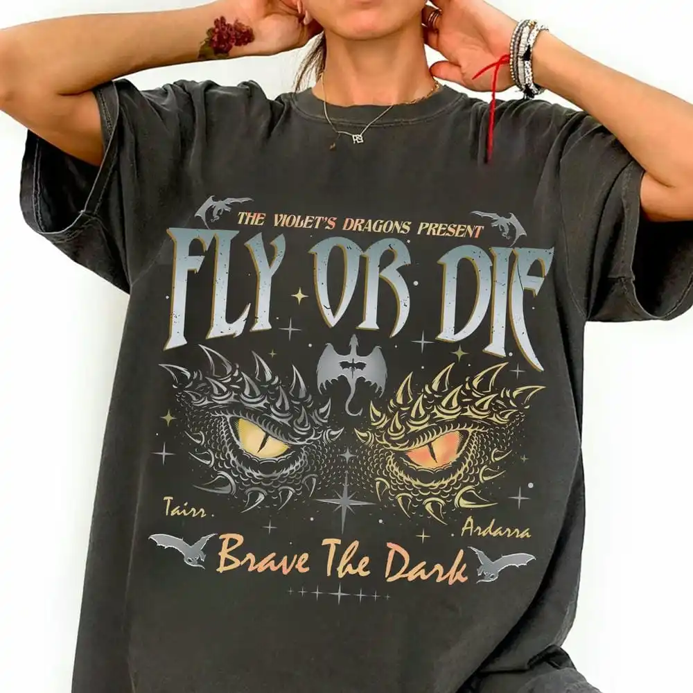 Women Retro Dragon Rider Shirt Onyx Storm Brave Fly or Die Fourth Wing Series Unisex Tee Cotton Y2K Top Daily Trendy Streetwear